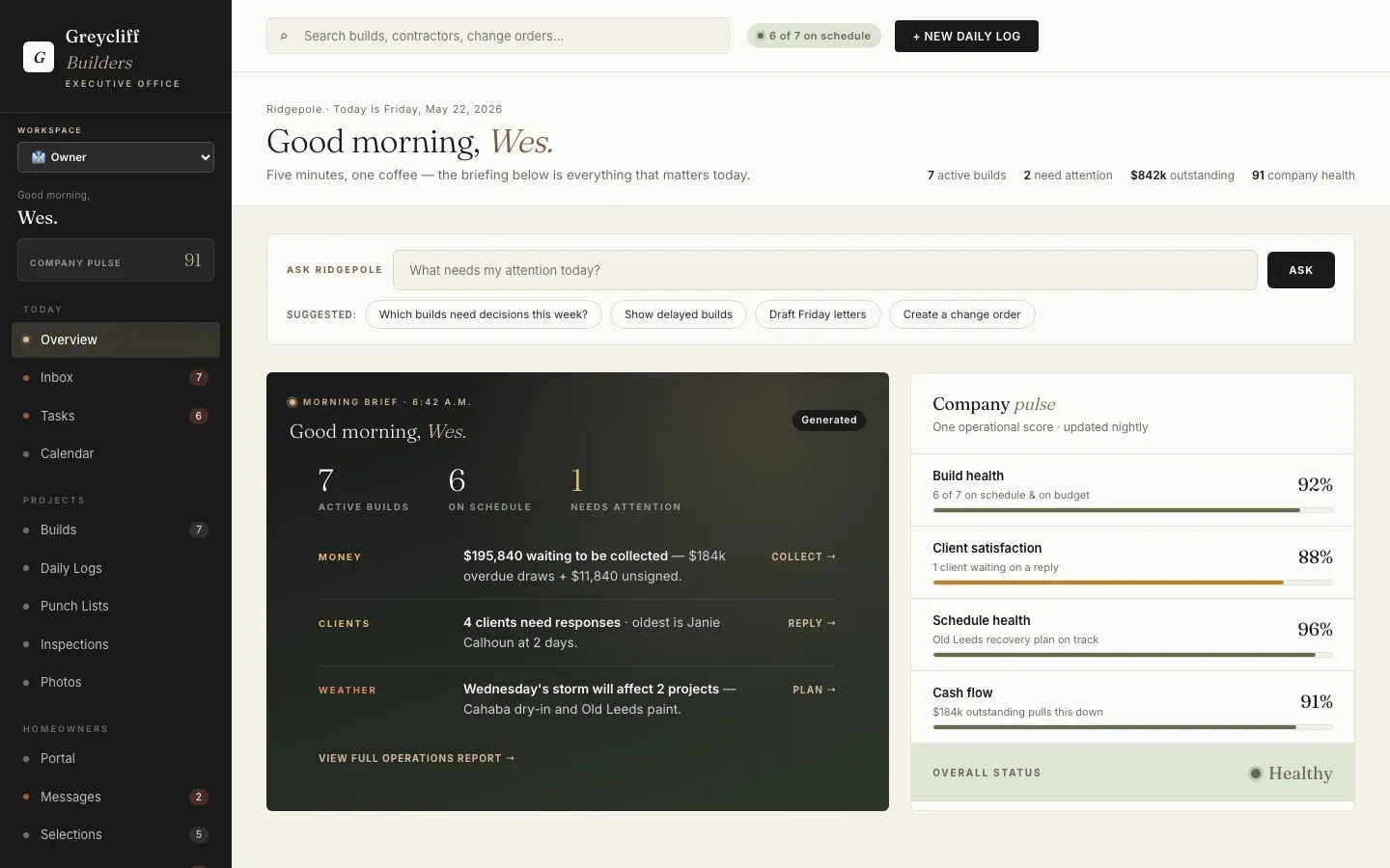 Ridgepole owner dashboard with builds, money owed, and a morning briefing